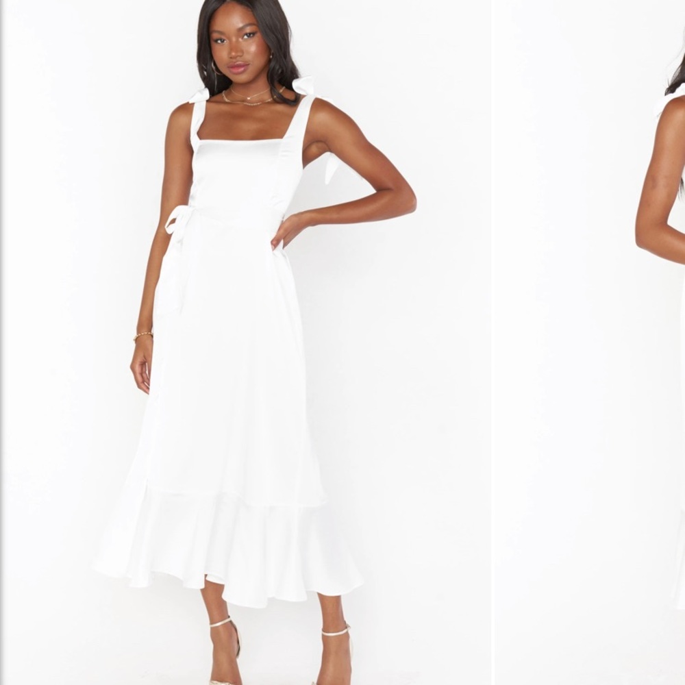 Show Me Your MuMu White Midi Tie-Strap Ruffle Dress